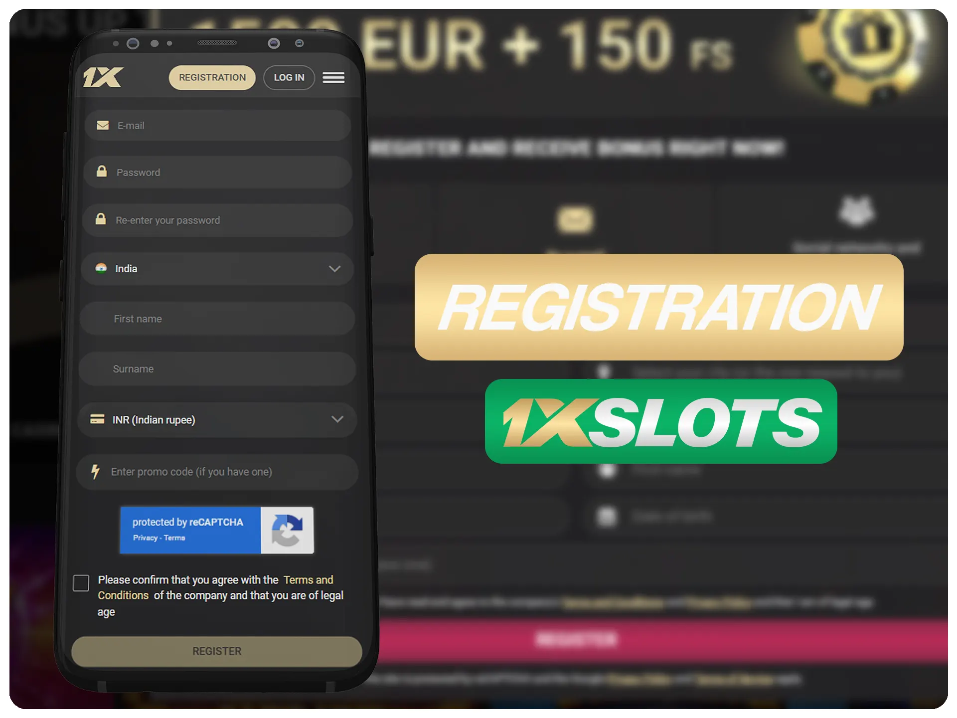 Register new 1xSlots account on registration page.